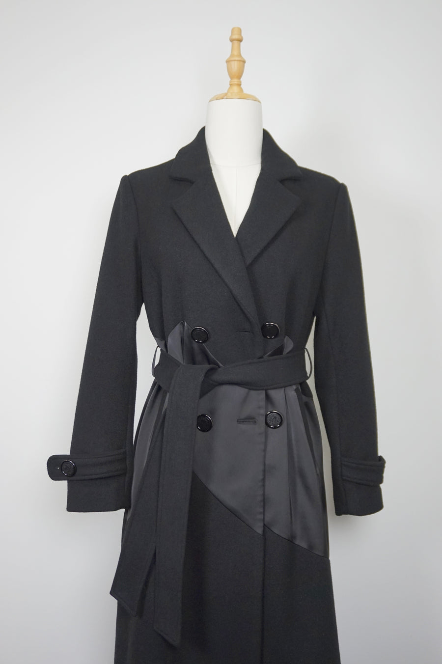 WTC-XH9007 Black Wool & Silk Long Trench Coat