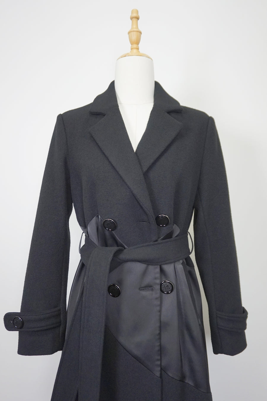 WTC-XH9007 Black Wool & Silk Long Trench Coat