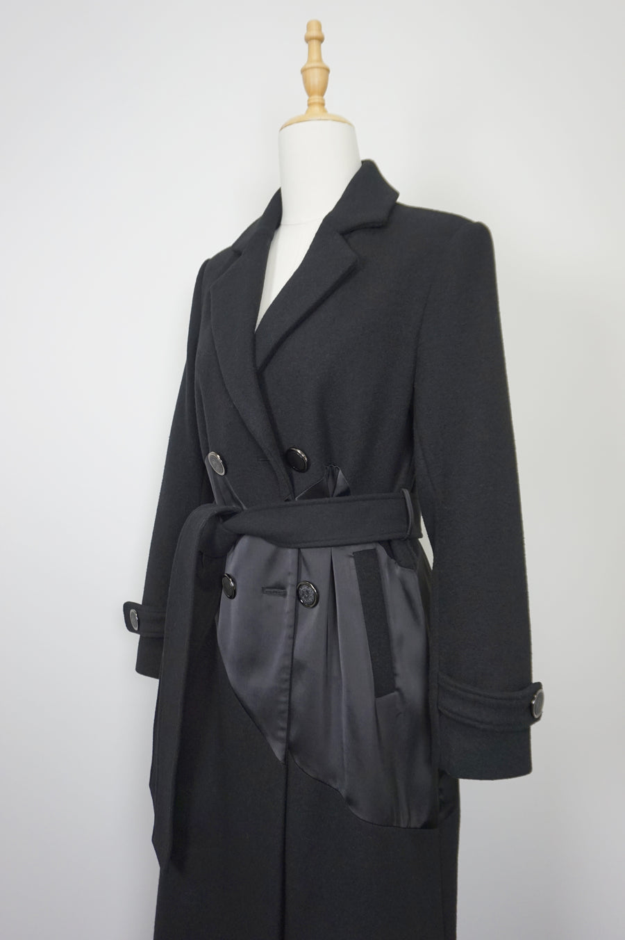 WTC-XH9007 Black Wool & Silk Long Trench Coat