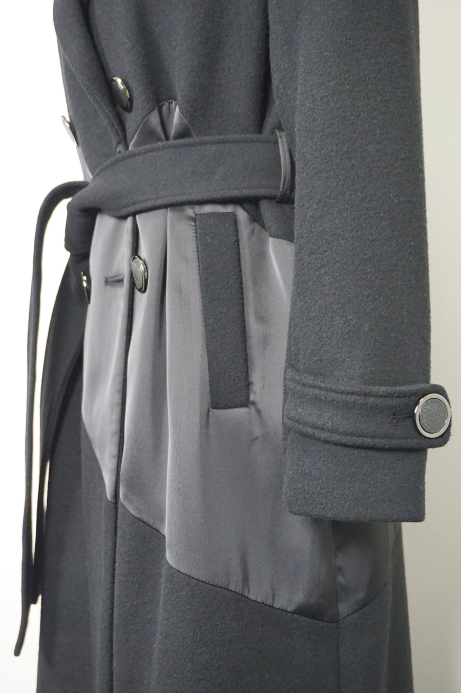 WTC-XH9007 Black Wool & Silk Long Trench Coat
