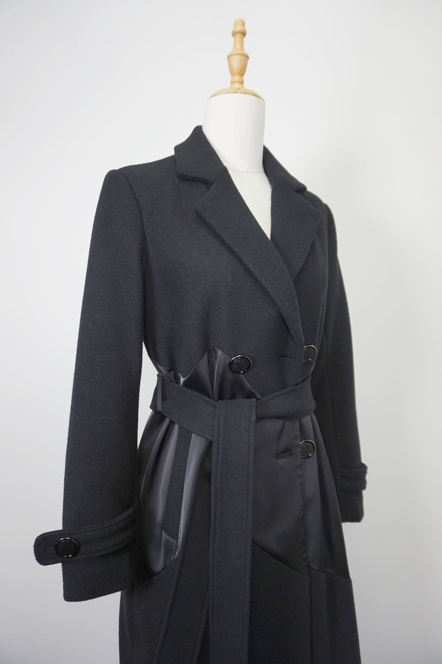 WTC-XH9007 Black Wool & Silk Long Trench Coat