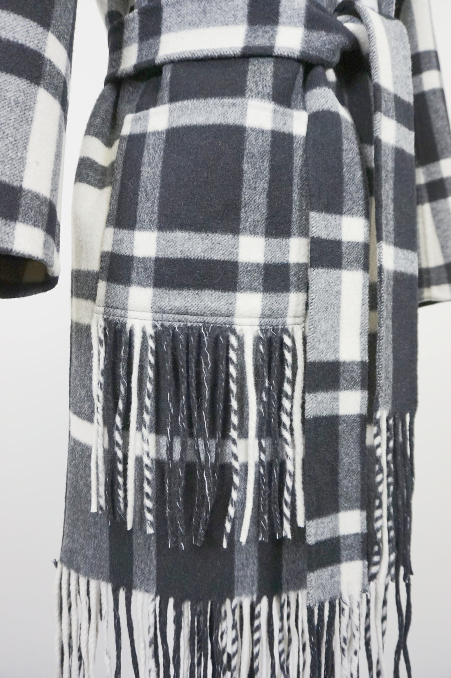WWC-10803 Black & White Check Tassels 80% Wool Coat