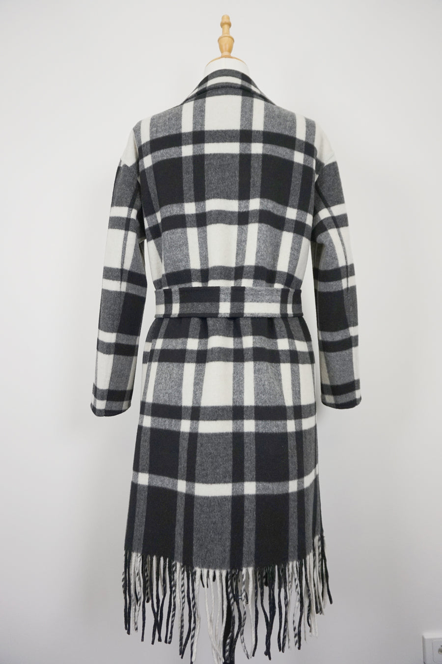 WWC-10803 Black & White Check Tassels 80% Wool Coat