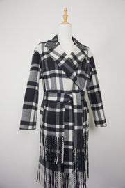 WWC-10803 Black & White Check Tassels 80% Wool Coat