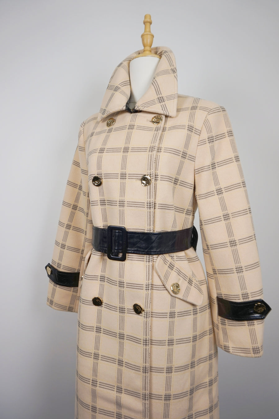 WTC-1722 Apricot Check Chic Style Long Trench Coat