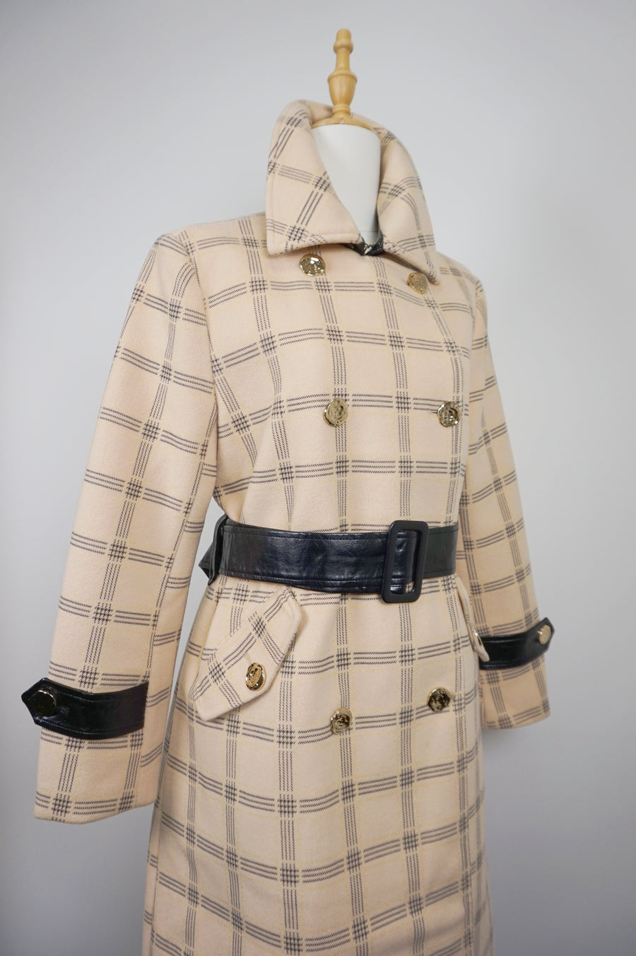 WTC-1722 Apricot Check Chic Style Long Trench Coat