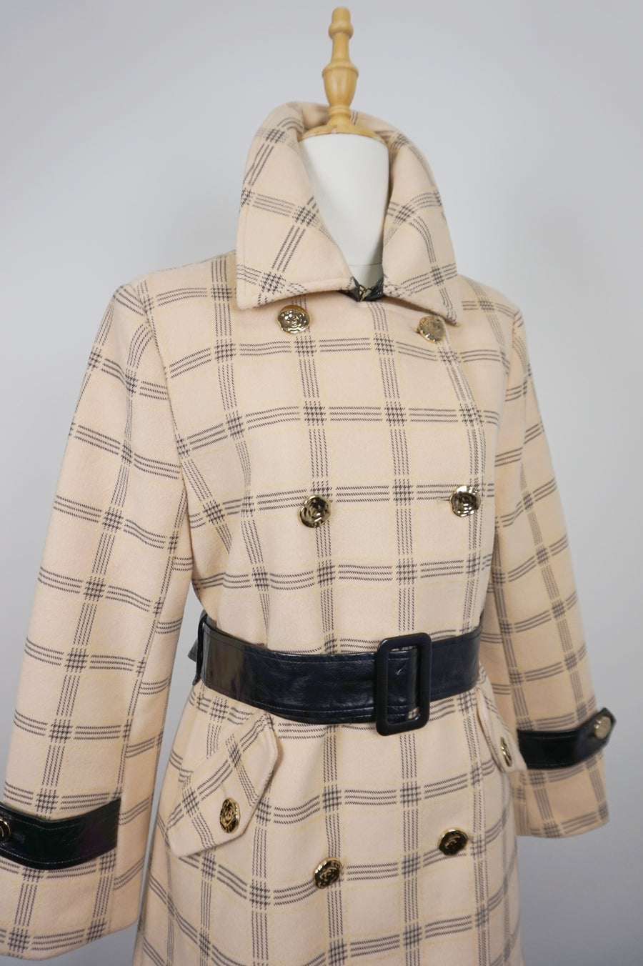 WTC-1722 Apricot Check Chic Style Long Trench Coat