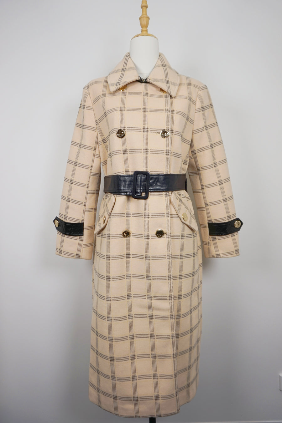 WTC-1722 Apricot Check Chic Style Long Trench Coat