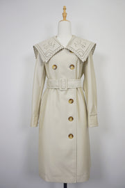 WTC-D3355 Beige Embroidered Collar Luxury Style Trench Coat