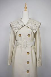 WTC-D3355 Beige Embroidered Collar Luxury Style Trench Coat