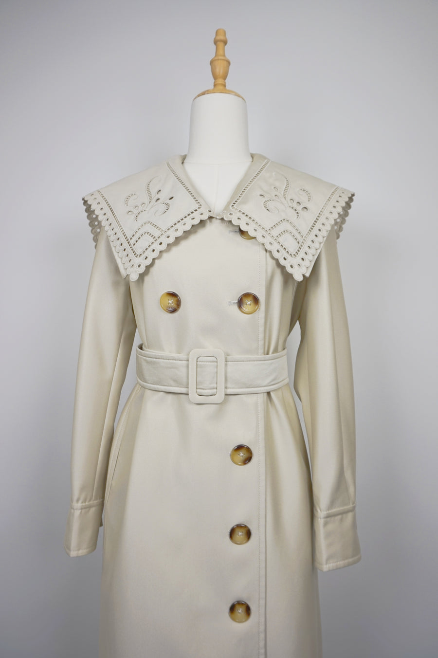 WTC-D3355 Beige Embroidered Collar Luxury Style Trench Coat