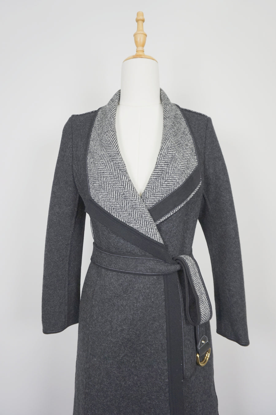 WWC-10138 Dark Grey Herringbone Chic Style Wool Coat