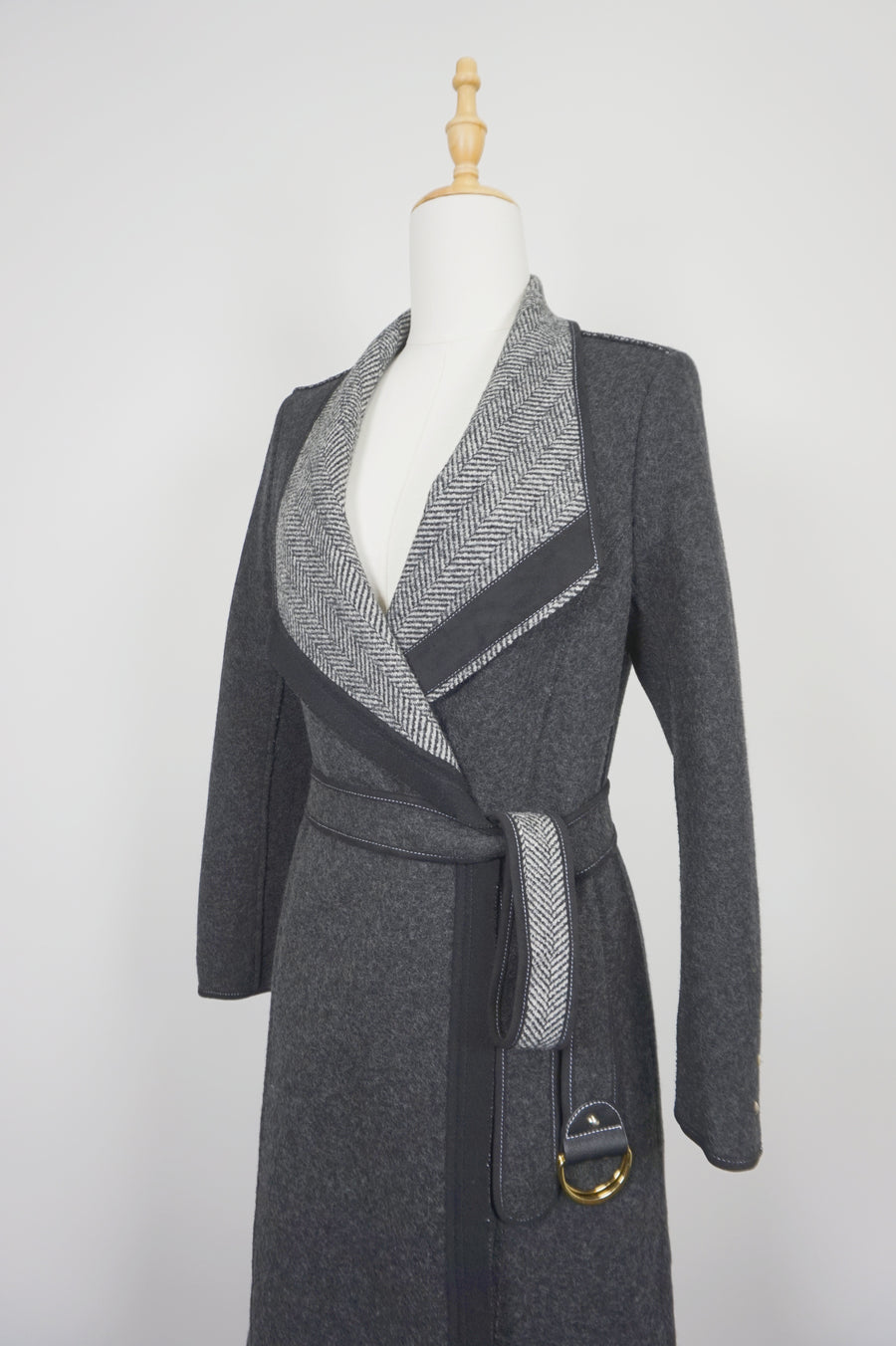 WWC-10138 Dark Grey Herringbone Chic Style Wool Coat