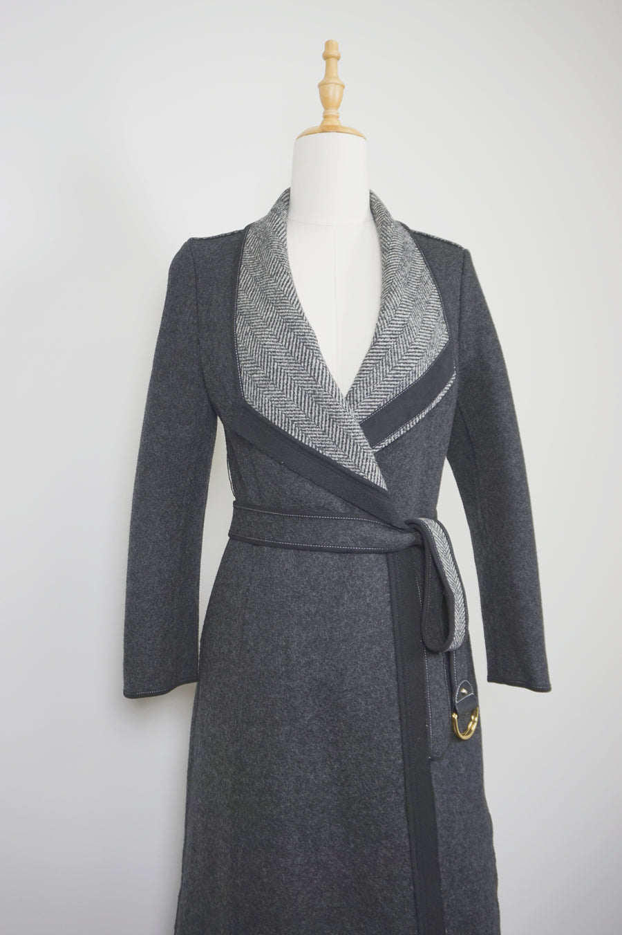 WWC-10138 Dark Grey Herringbone Chic Style Wool Coat