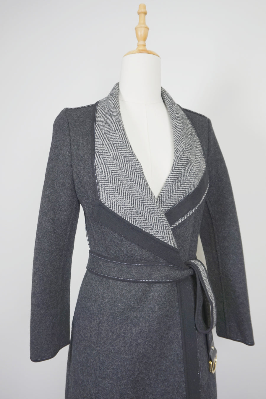WWC-10138 Dark Grey Herringbone Chic Style Wool Coat