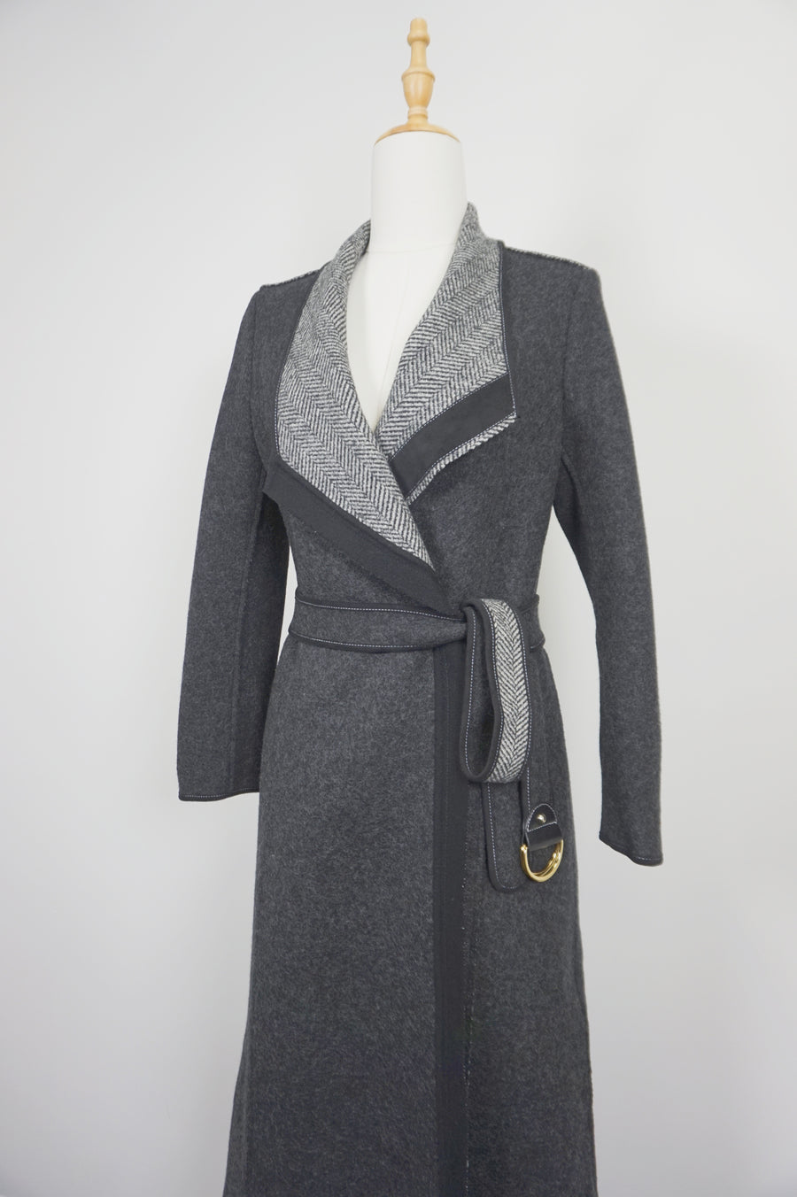 WWC-10138 Dark Grey Herringbone Chic Style Wool Coat