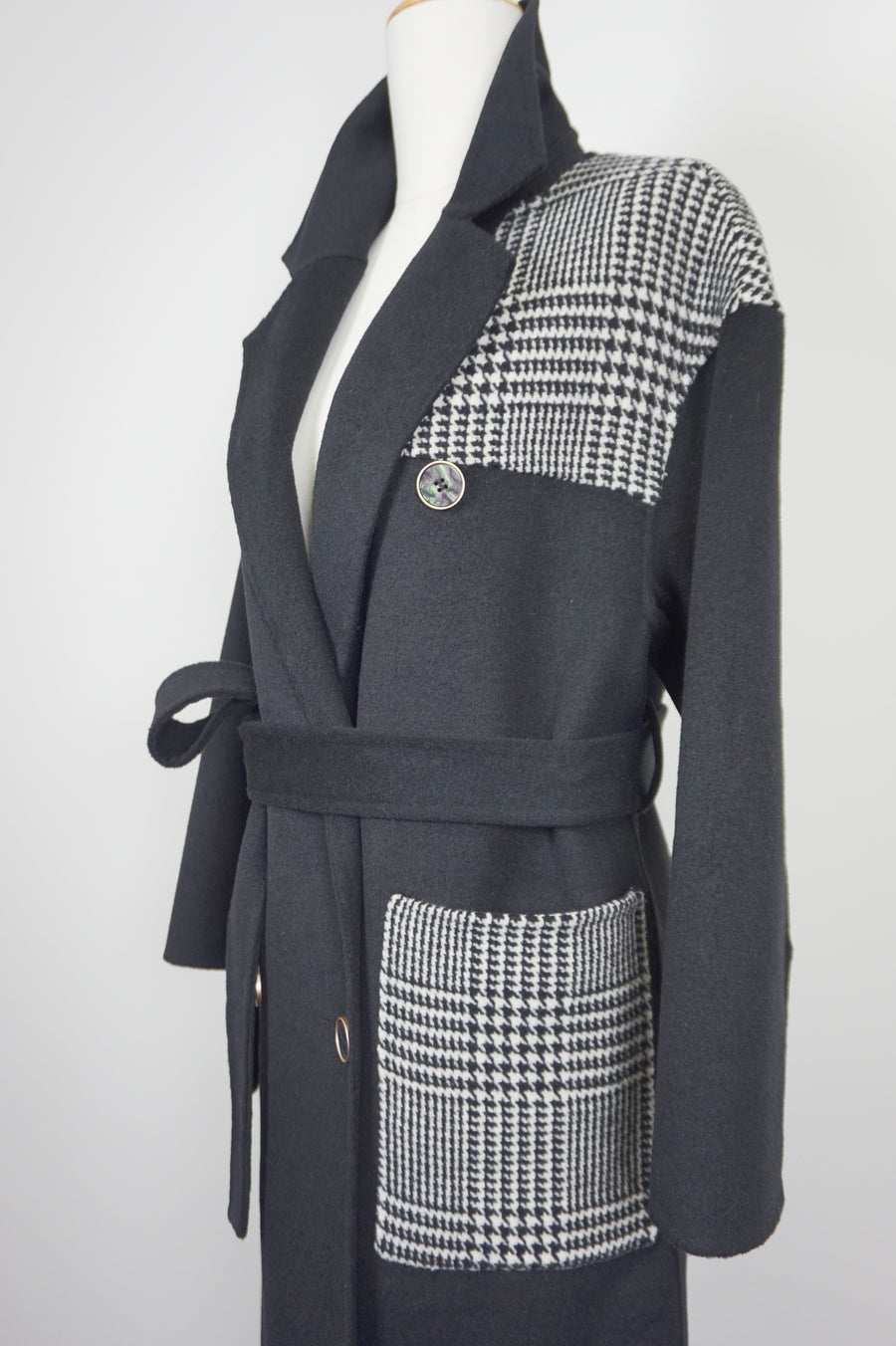 WWC-05789 Black & Check Business Style 100% Wool Coat