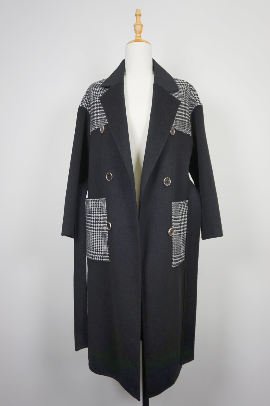 WWC-05789 Black & Check Business Style 100% Wool Coat