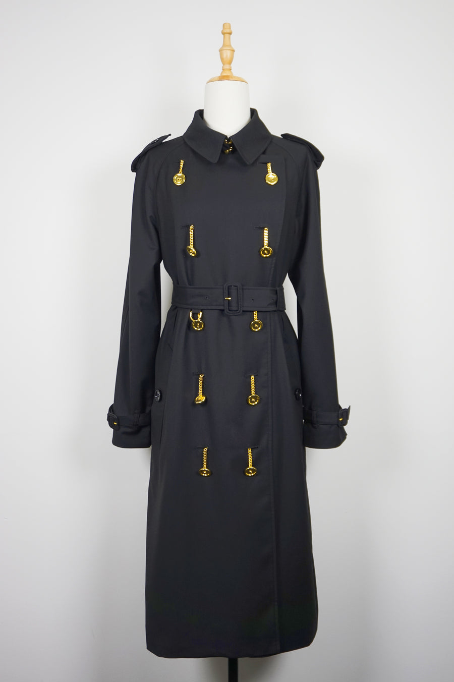 WTC-4236B Black Luxury Style Gold Button Waterproof Trench Coat