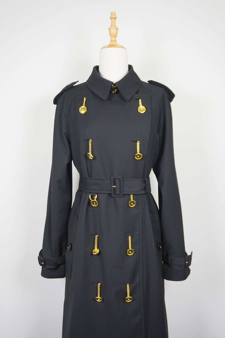 WTC-4236B Black Luxury Style Gold Button Waterproof Trench Coat
