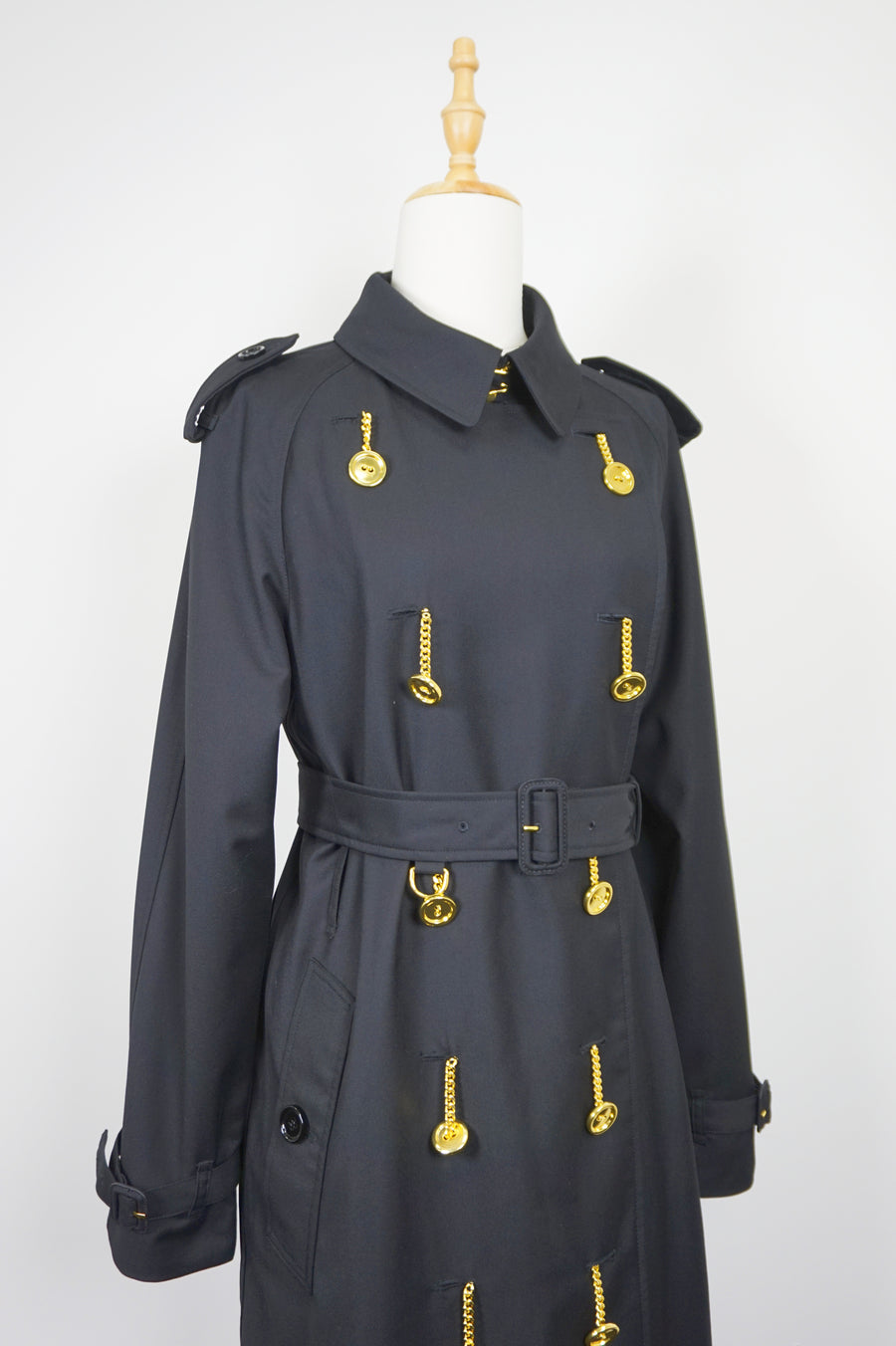 WTC-4236B Black Luxury Style Gold Button Waterproof Trench Coat