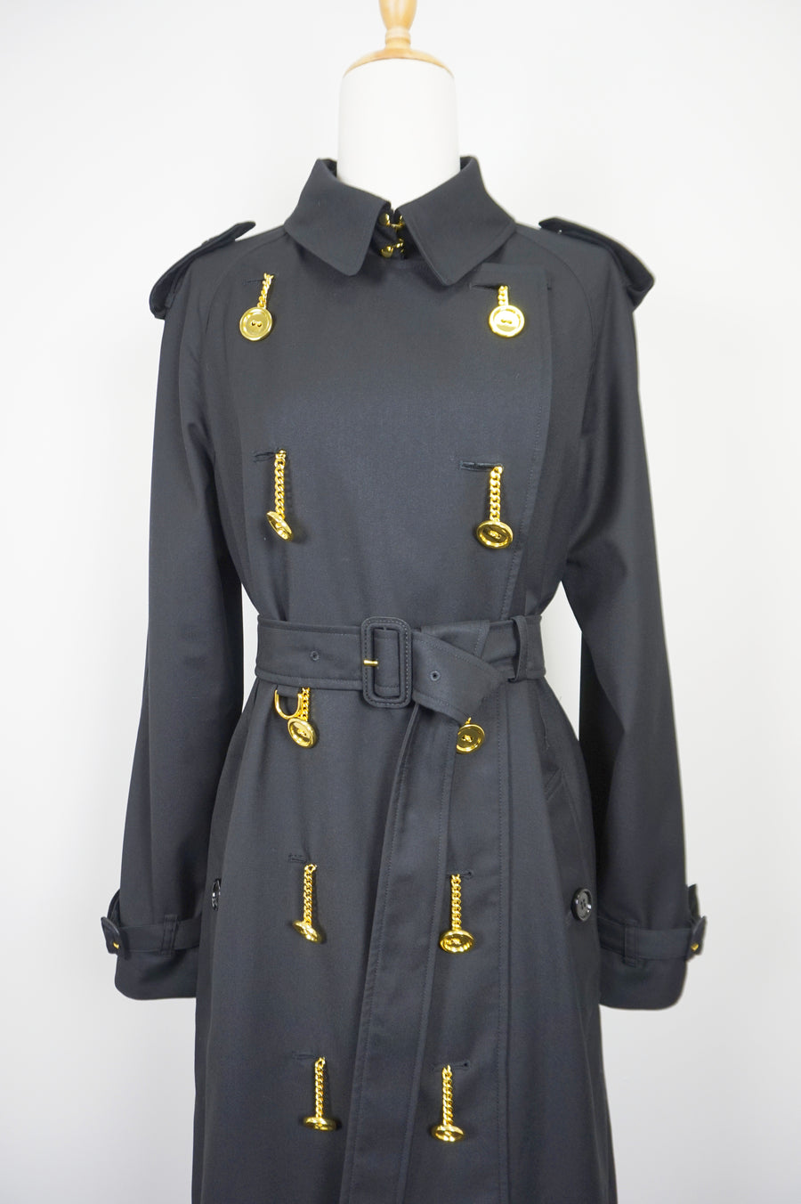 WTC-4236B Black Luxury Style Gold Button Waterproof Trench Coat