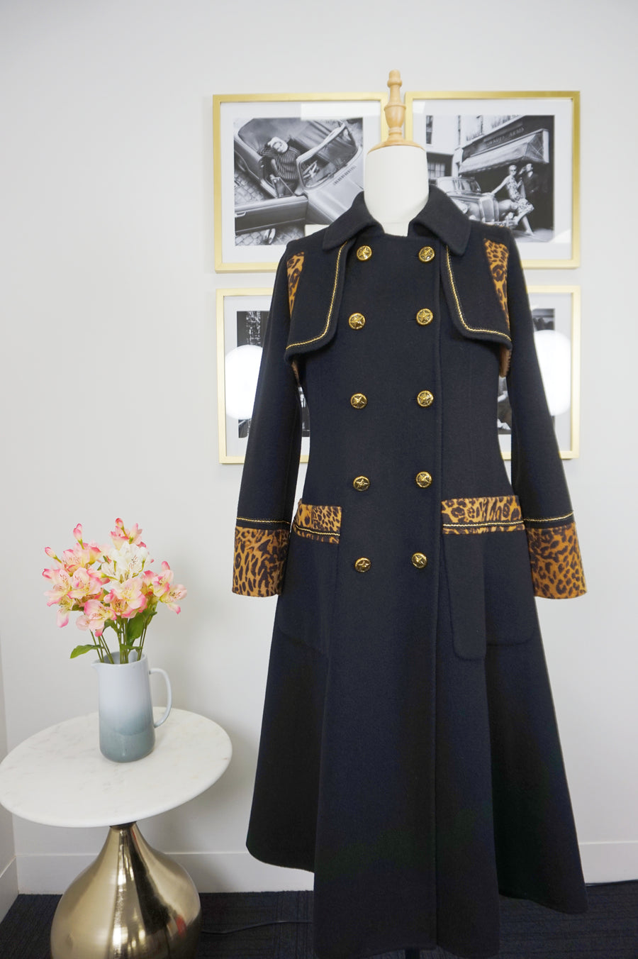 WWC-19503B Black Leopard Print Double-breasted Luxury Style 100% Wool Coat