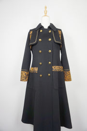 WWC-19503B Black Leopard Print Double-breasted Luxury Style 100% Wool Coat