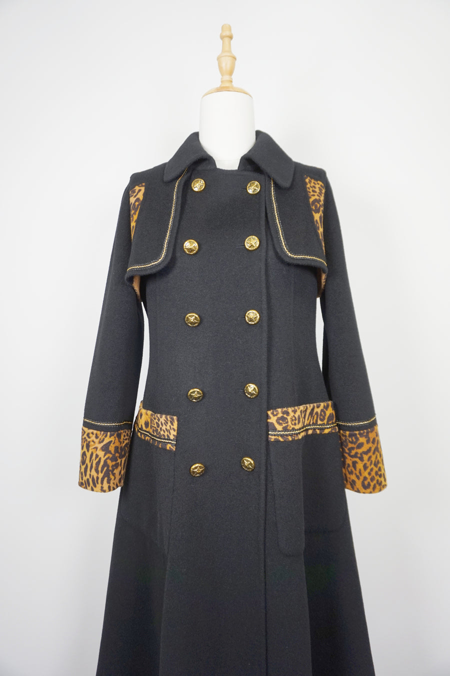 WWC-19503B Black Leopard Print Double-breasted Luxury Style 100% Wool Coat