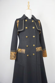 WWC-19503B Black Leopard Print Double-breasted Luxury Style 100% Wool Coat