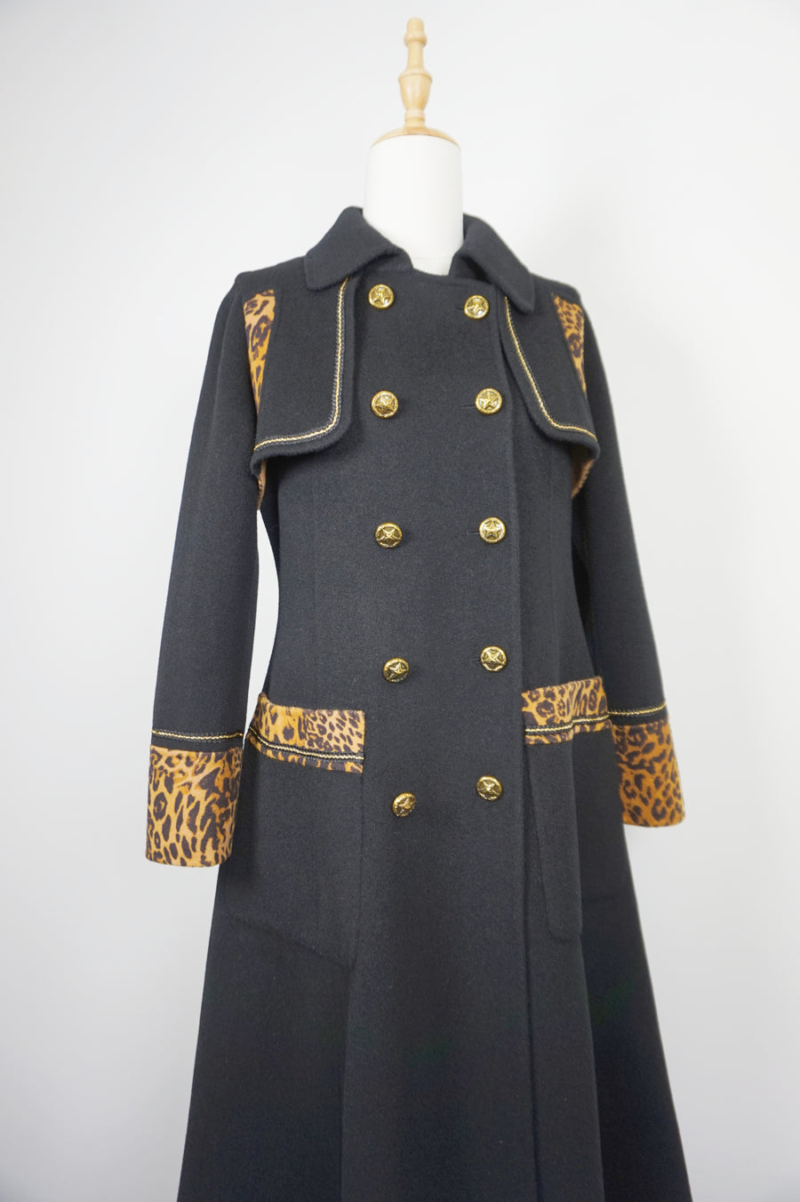 WWC-19503B Black Leopard Print Double-breasted Luxury Style 100% Wool Coat