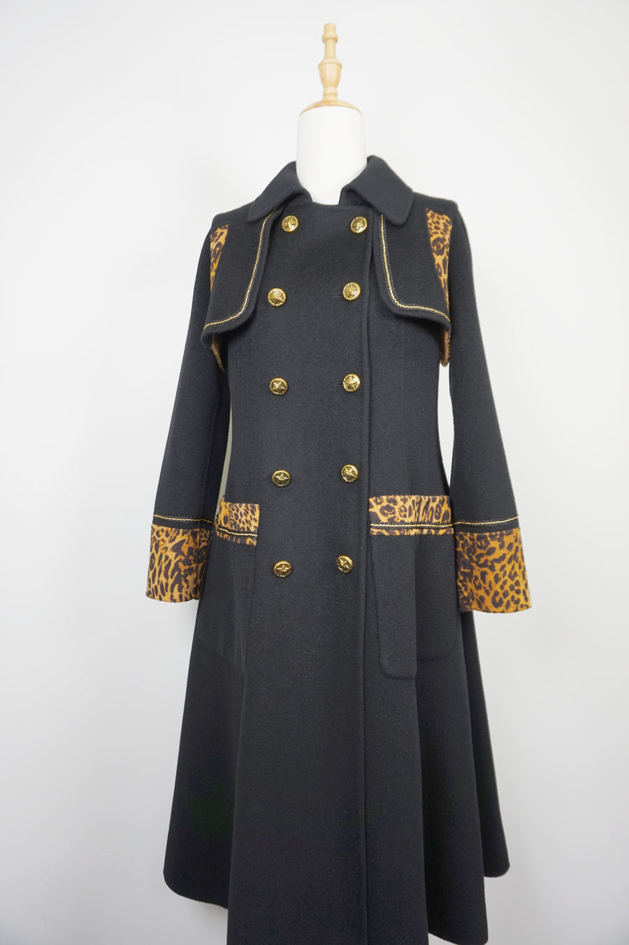 WWC-19503B Black Leopard Print Double-breasted Luxury Style 100% Wool Coat