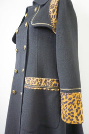 WWC-19503B Black Leopard Print Double-breasted Luxury Style 100% Wool Coat