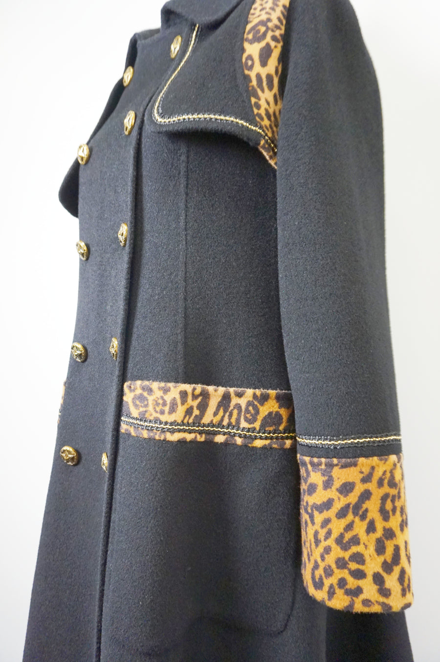 WWC-19503B Black Leopard Print Double-breasted Luxury Style 100% Wool Coat