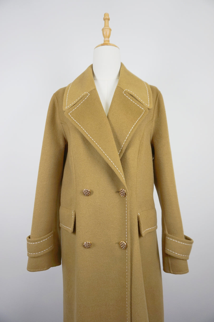 WWC-16998 Olive Stitching Luxury Style Pure Wool Coat