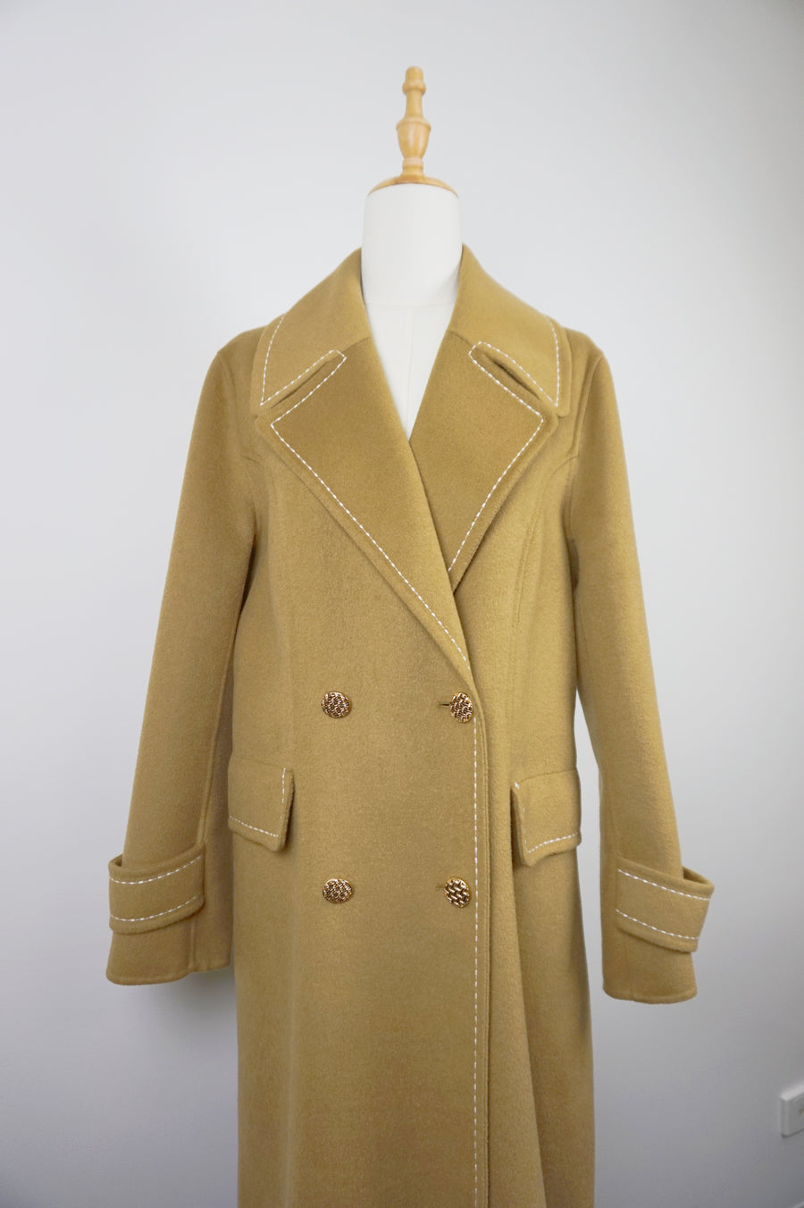 WWC-16998 Olive Stitching Luxury Style Pure Wool Coat