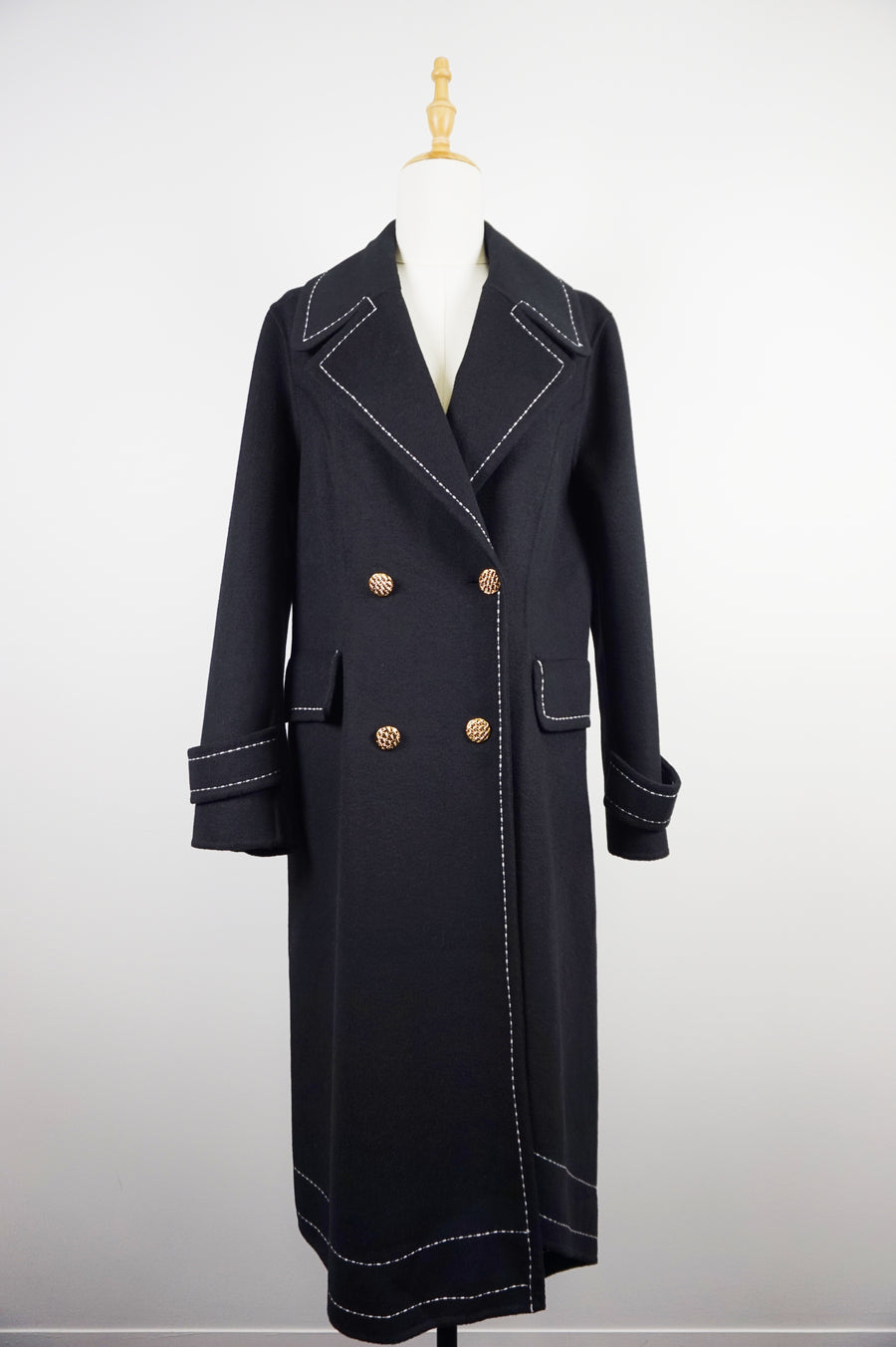 WWC-16998-1 Black Stitching Luxury Style Pure Wool Coat