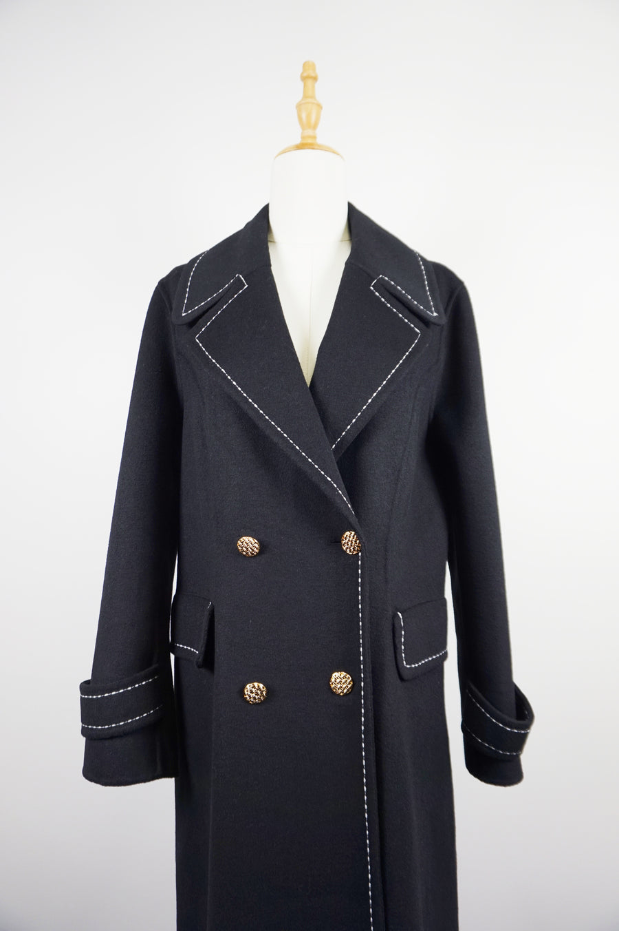 WWC-16998-1 Black Stitching Luxury Style Pure Wool Coat