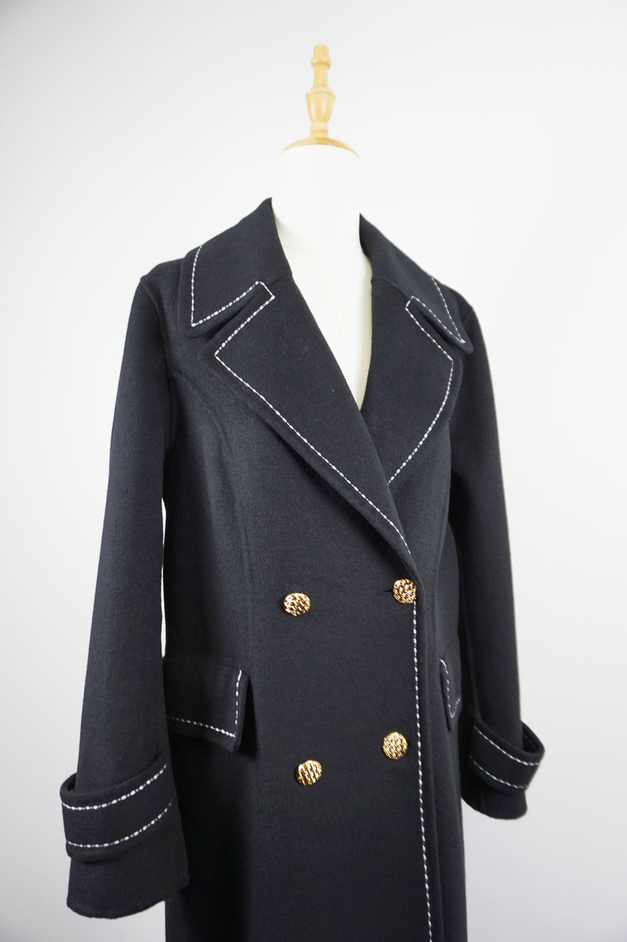 WWC-16998-1 Black Stitching Luxury Style Pure Wool Coat