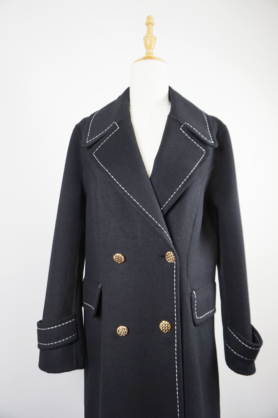 WWC-16998-1 Black Stitching Luxury Style Pure Wool Coat