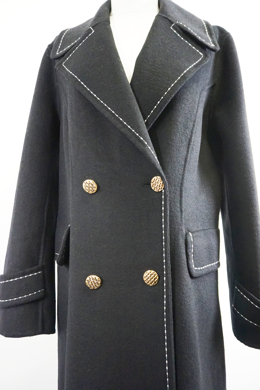 WWC-16998-1 Black Stitching Luxury Style Pure Wool Coat