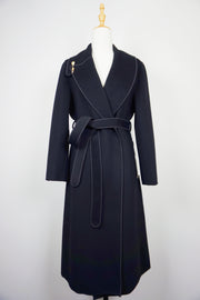 WCC-0233 Black Asymmetrical Collar Long Cashmere Coat