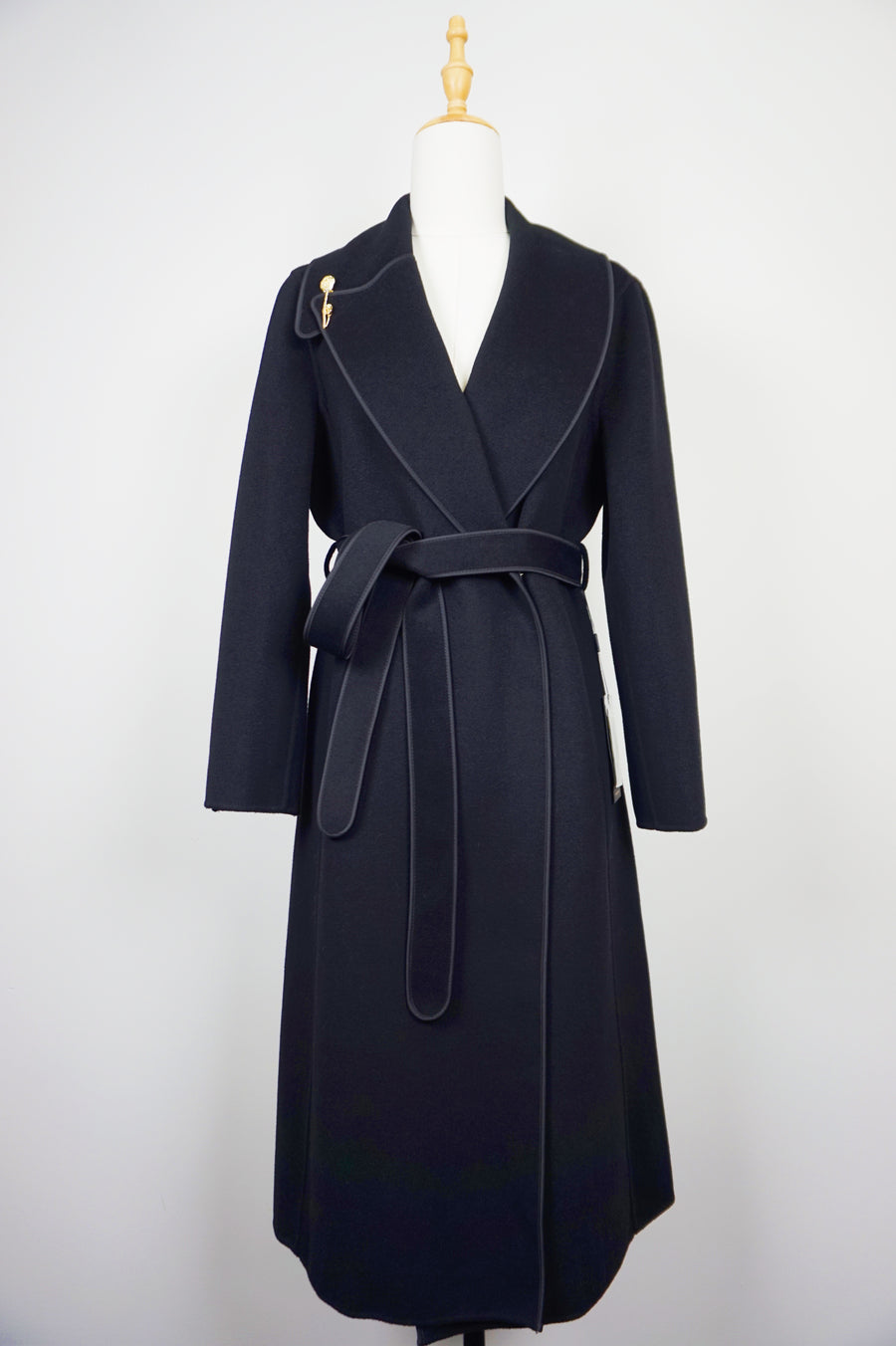 WCC-0233 Black Asymmetrical Collar Long Cashmere Coat