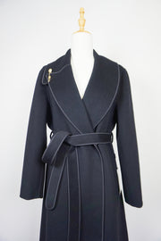 WCC-0233 Black Asymmetrical Collar Long Cashmere Coat