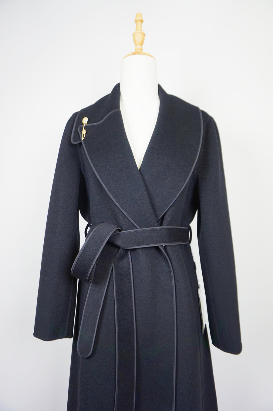 WCC-0233 Black Asymmetrical Collar Long Cashmere Coat