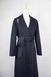 WCC-0233 Black Asymmetrical Collar Long Cashmere Coat