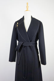 WCC-0233 Black Asymmetrical Collar Long Cashmere Coat