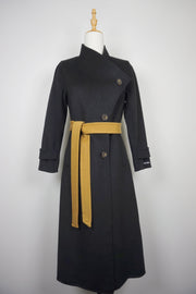 WWC-0723SMG Black & Mustard Asymmetrical Wrap 100% Wool Coat