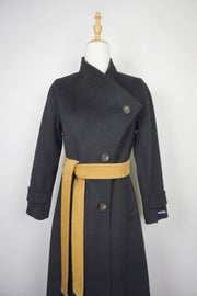 WWC-0723SMG Black & Mustard Asymmetrical Wrap 100% Wool Coat