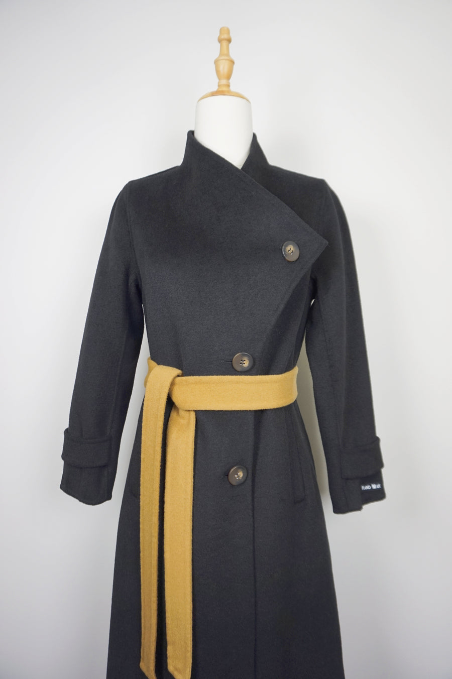 WWC-0723SMG Black & Mustard Asymmetrical Wrap 100% Wool Coat